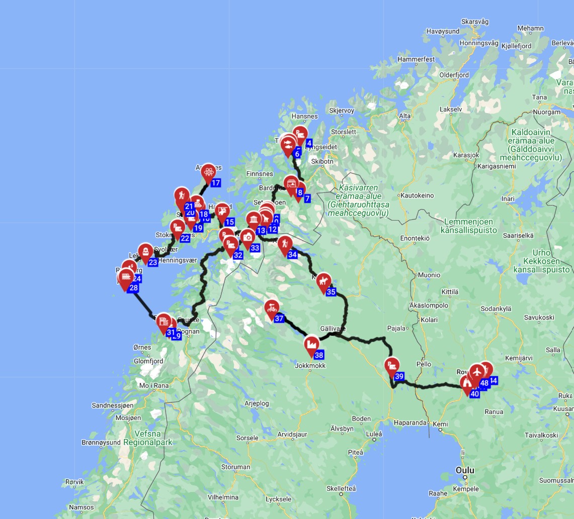 Map for Troms to Rovaniemi - Northern Lights Journey